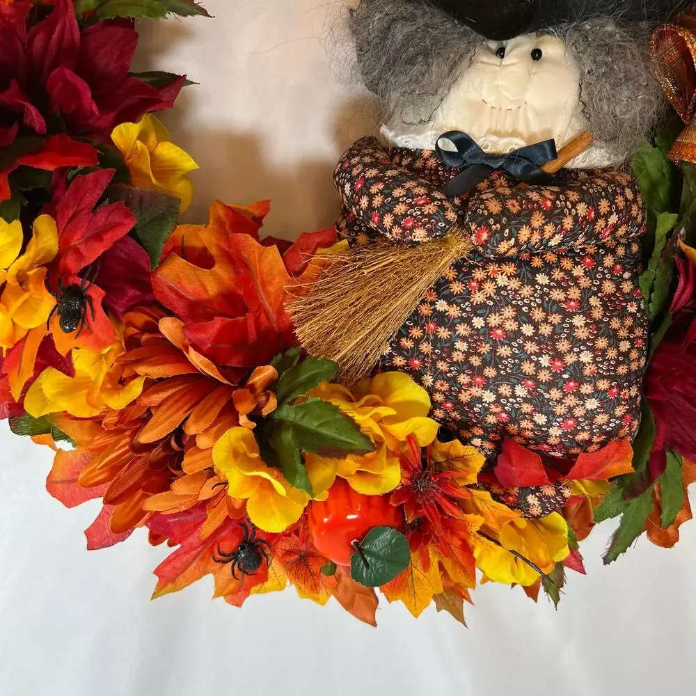 Vintage Halloween 17” Grapevine Wreath Witch Fall Leaves & Flowers Multicolor